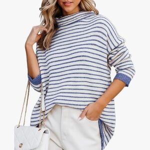 Dokotoo Women's Striped Turtleneck Sweater - Blue and White